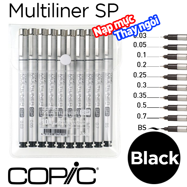 Bút đi nét Copic Multiliner SP, màu Black, bộ 10 cây