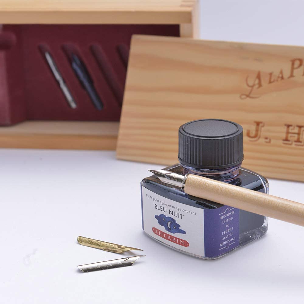 Bộ hộp gỗ kèm cán bút và ngòi viết calligraphy Herbin
