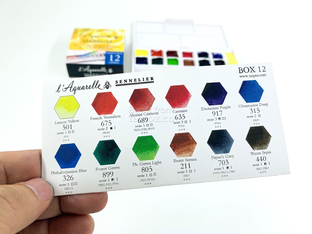 Màu nước hạng họa sĩ Sennelier Aquarelle, hộp sample 12 màu