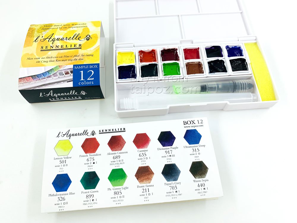 Màu nước hạng họa sĩ Sennelier Aquarelle, hộp sample 12 màu