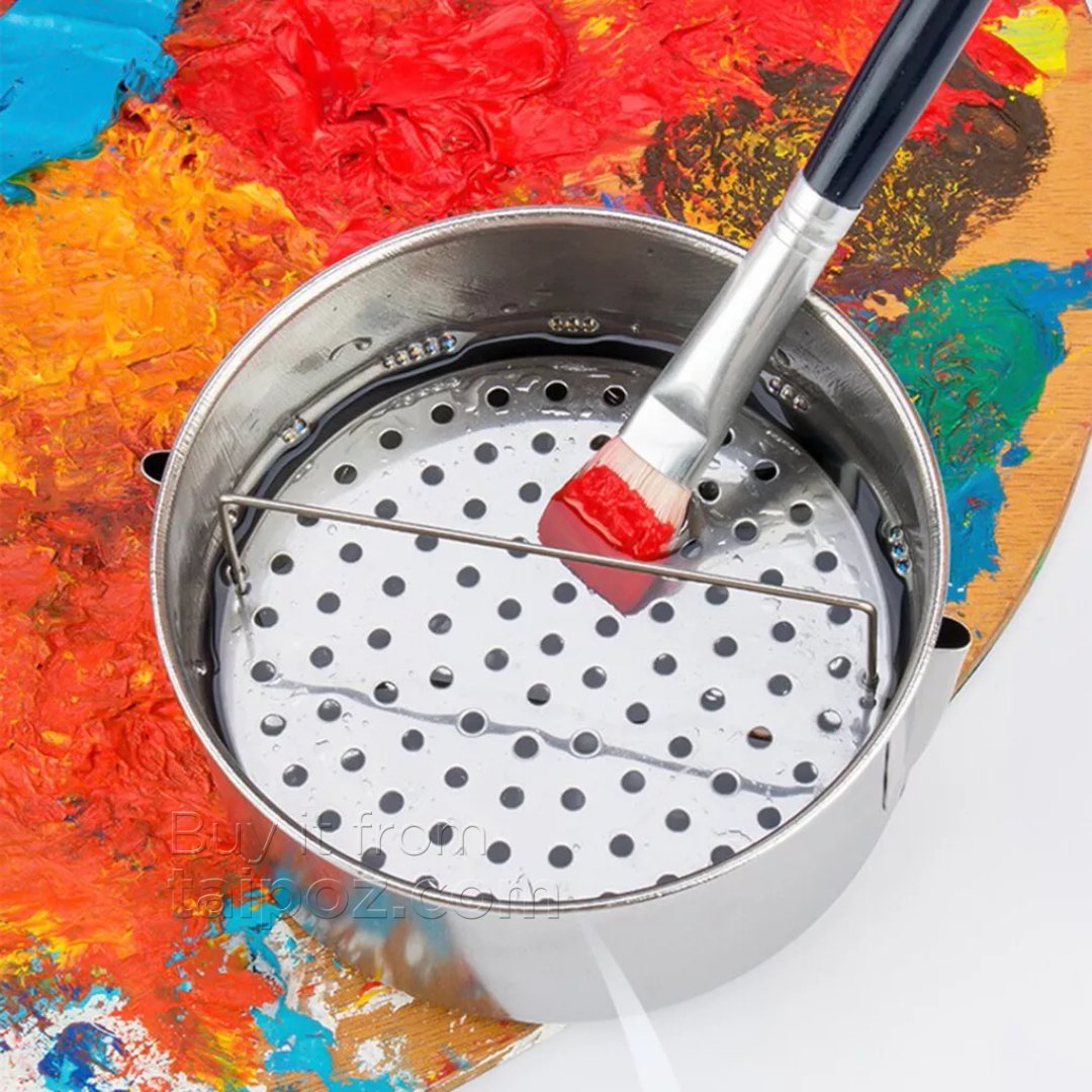 Xô inox đựng dung môi rửa cọ vẽ sơn dầu, kèm giá treo