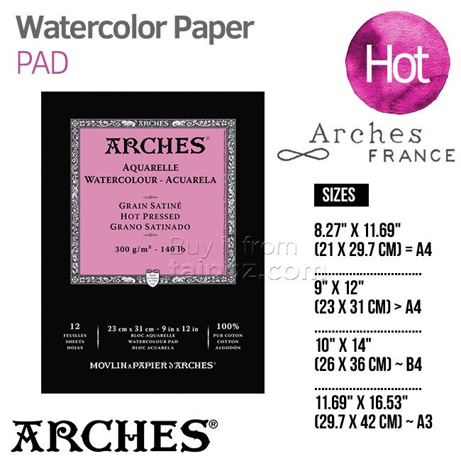 Sổ vẽ màu nước Arches, Natural White, hot-pressed, gáy keo