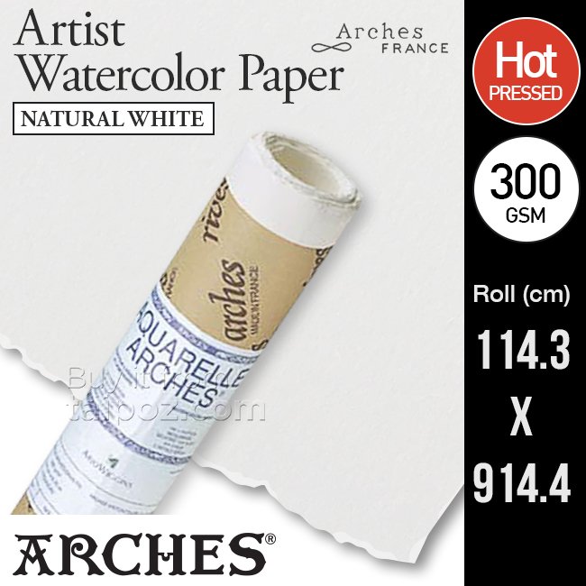 Giấy vẽ màu nước Arches, Natural White, 300gsm hot-pressed, roll