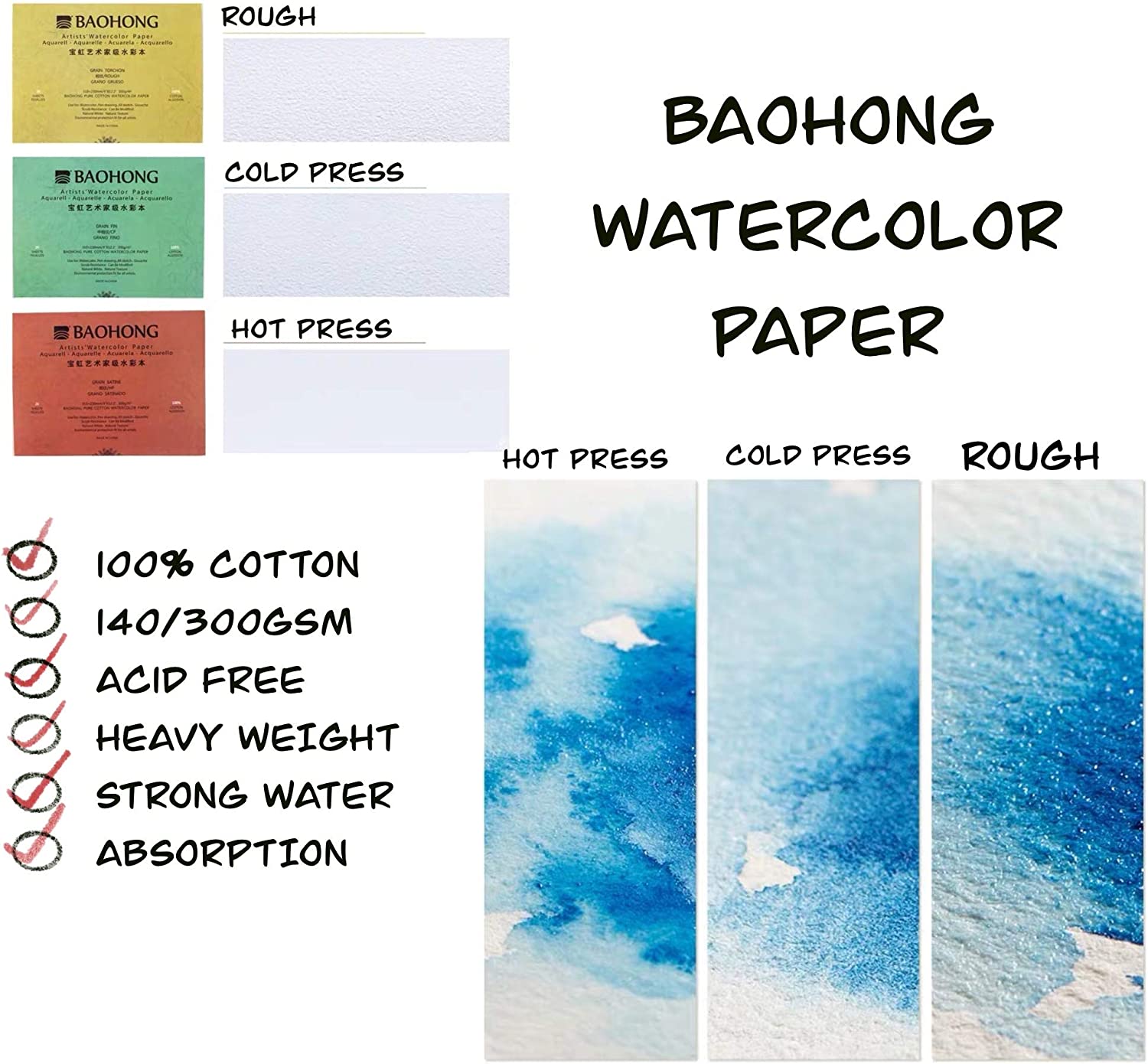 Giấy màu nước hạng họa sĩ Baohong 300gsm 100% cotton, tờ lẻ và cuộn